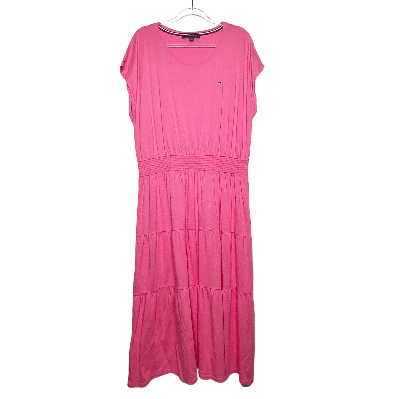 TOMMY HILFIGER Tiered Maxi T-Shirt Dress Cap Sleeve Crewneck Bubblegum Size XXL