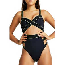 River Island Women's Black/Lime Strappy Cutout One-Piece Swimsuit US 6
