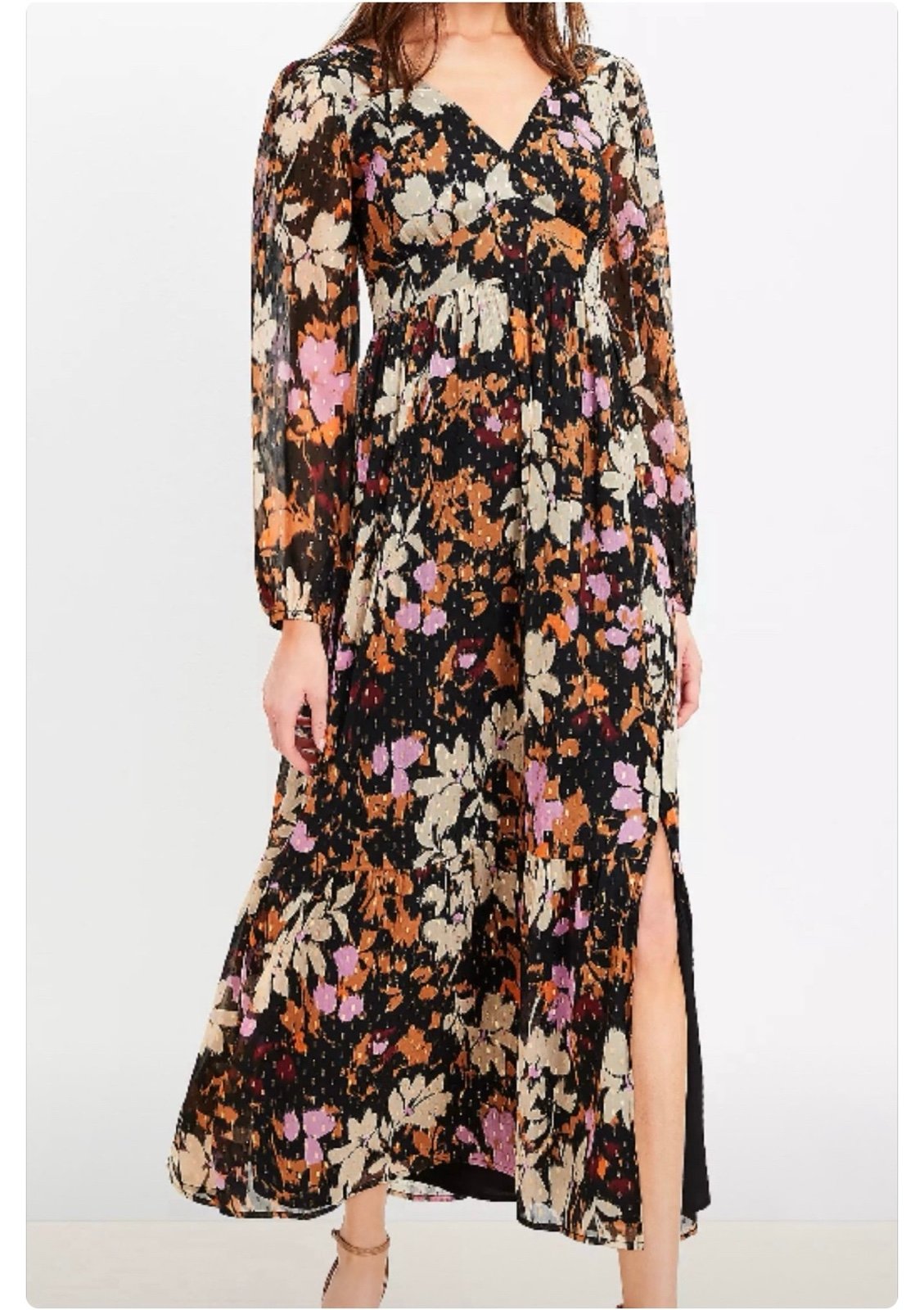 LOFT NWT Metallic Clip Gardenia Cutout High Slit Floral Maxi Dress Size SP