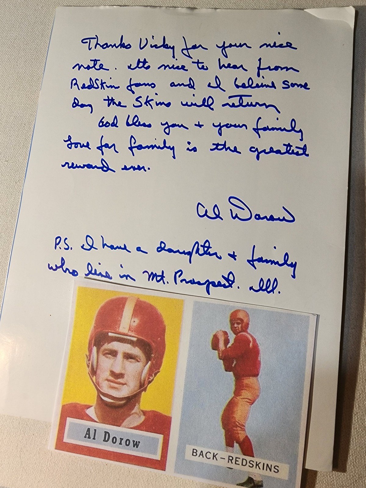Al Dorow handwritten autographed letter and print on hardboard