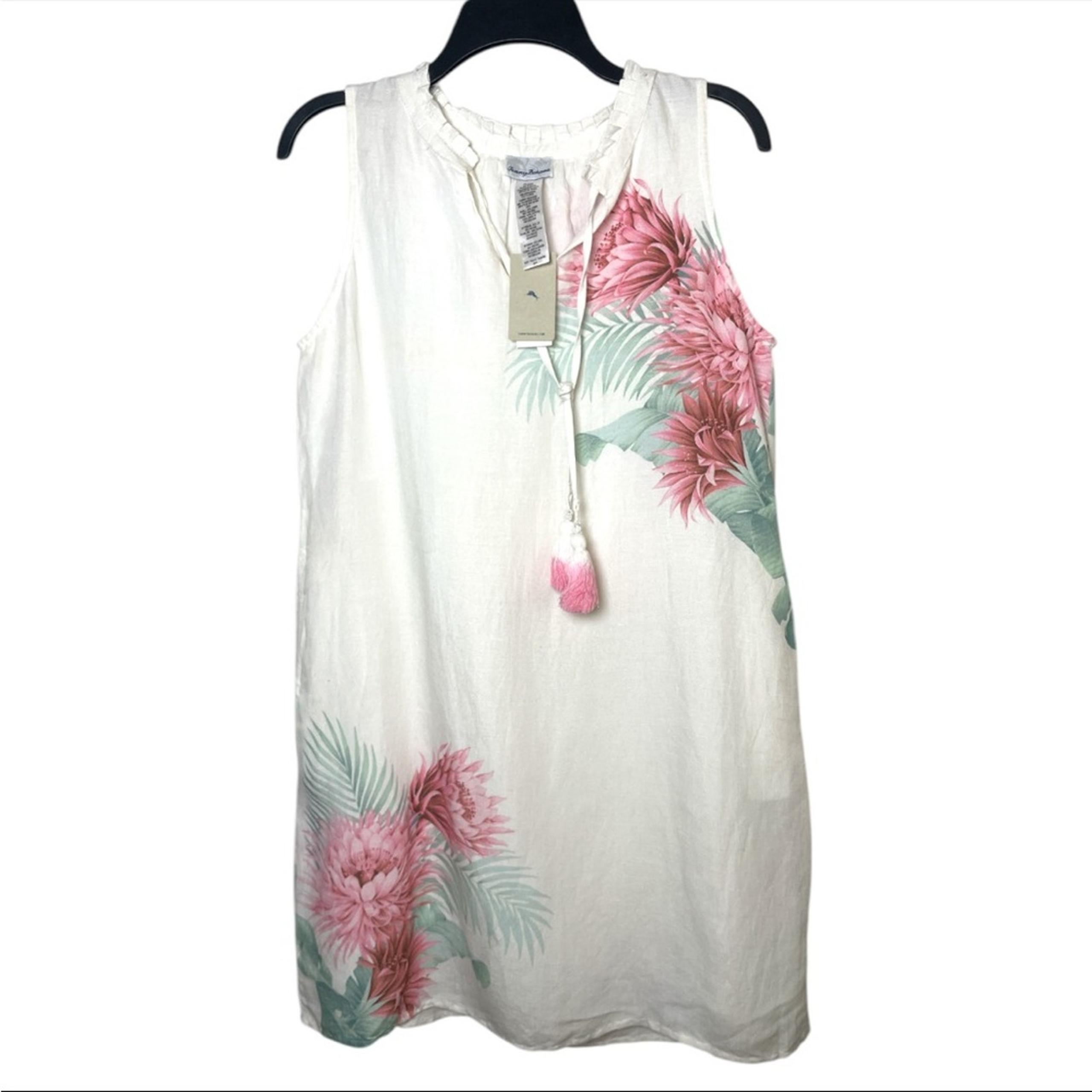 Tommy Bahama Linen blend tassel white pink palm Floral Sleeveless shift Dress