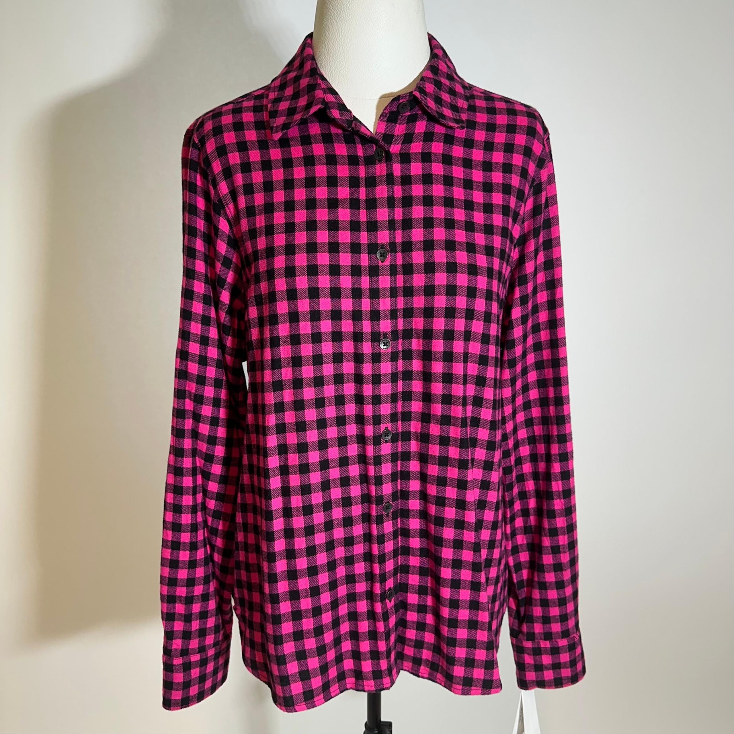 NWT Calvin Klein Jeans Pink Black Check Flannel Button Up Top Womens Size Large