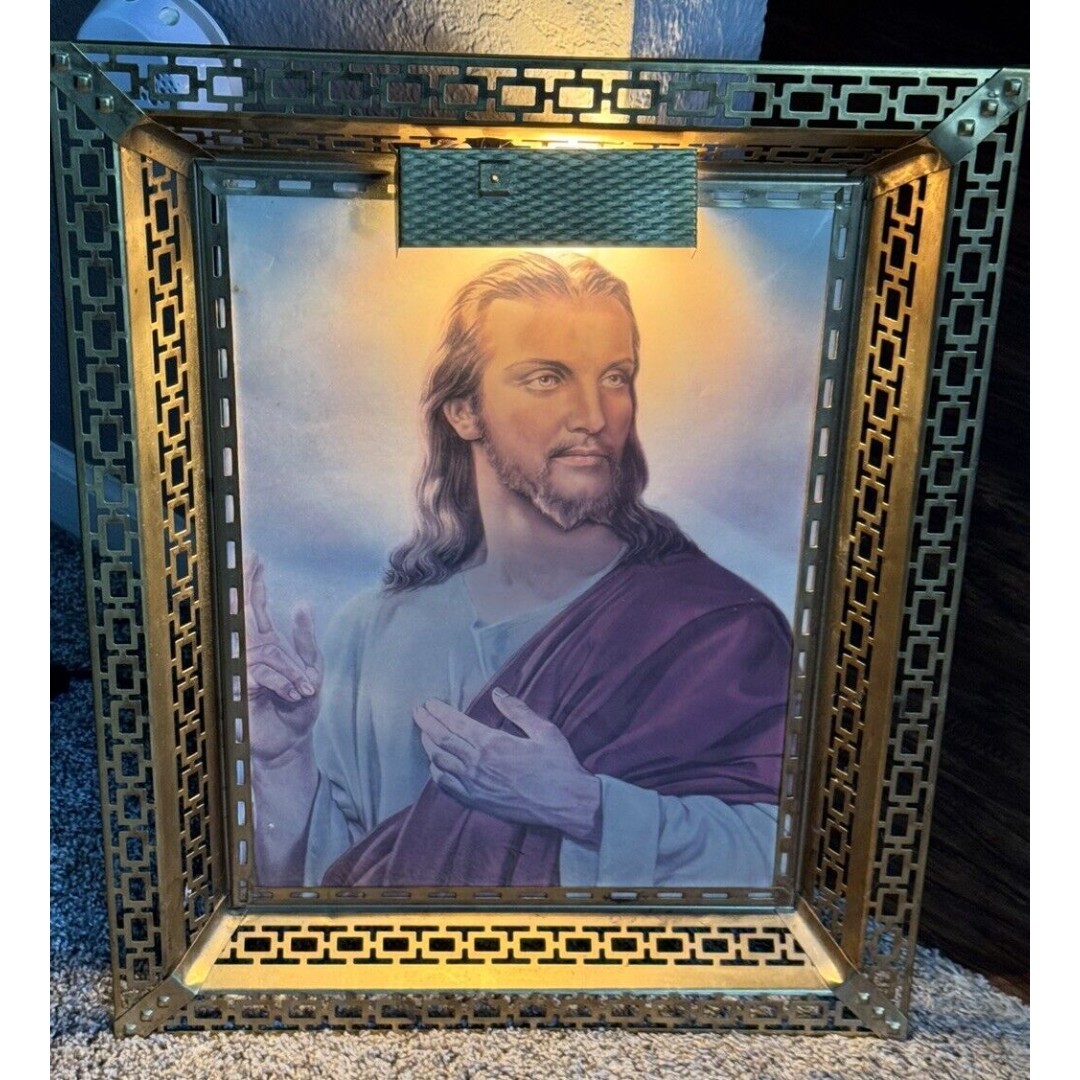 Vintage Large Jesus Lighted Picture Frame 21 by 17 Filigree Brass