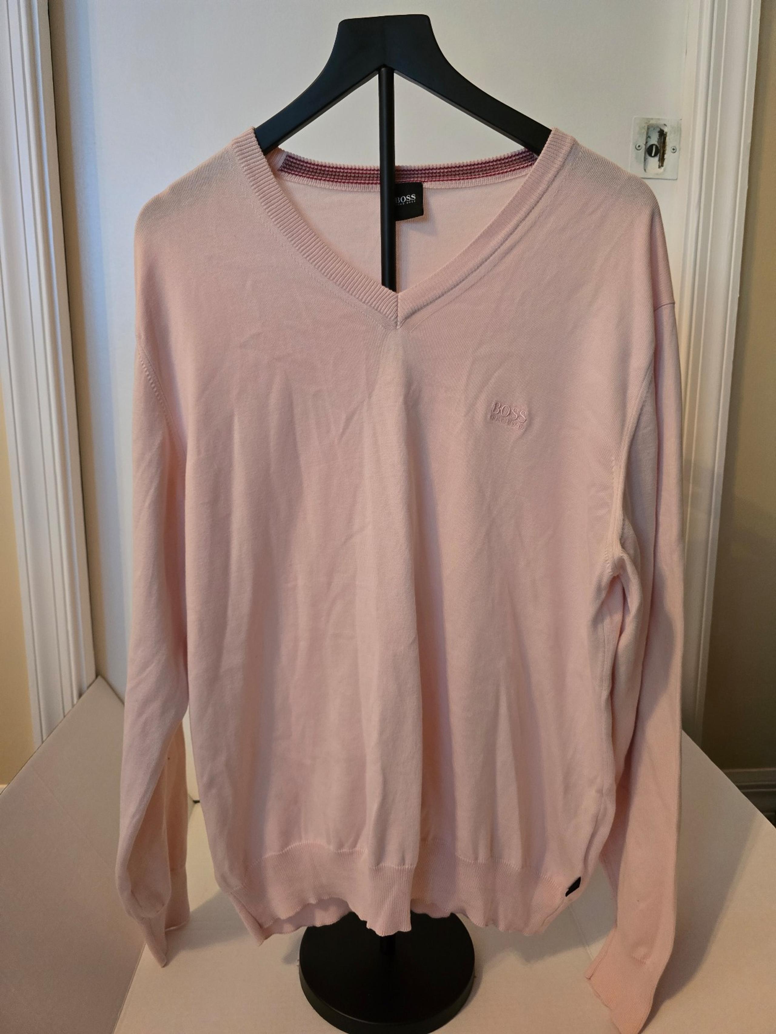 Hugo Boss Sweater Mens L Pink Wool Pullover V Neck Casual