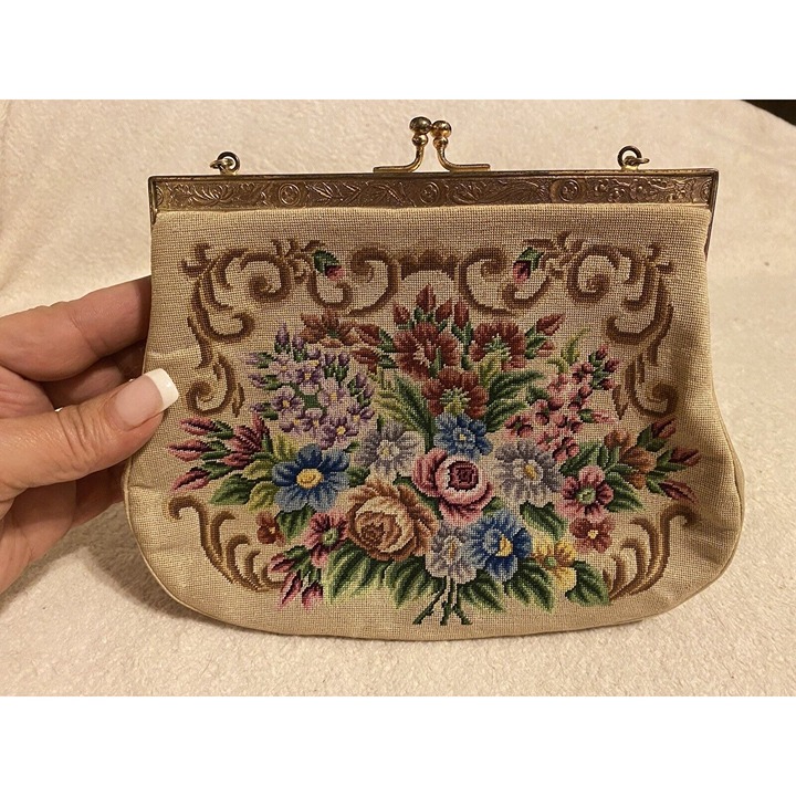Vintage Petit Point Needlepoint Purse Tapestry Handbag Clutch 1950s