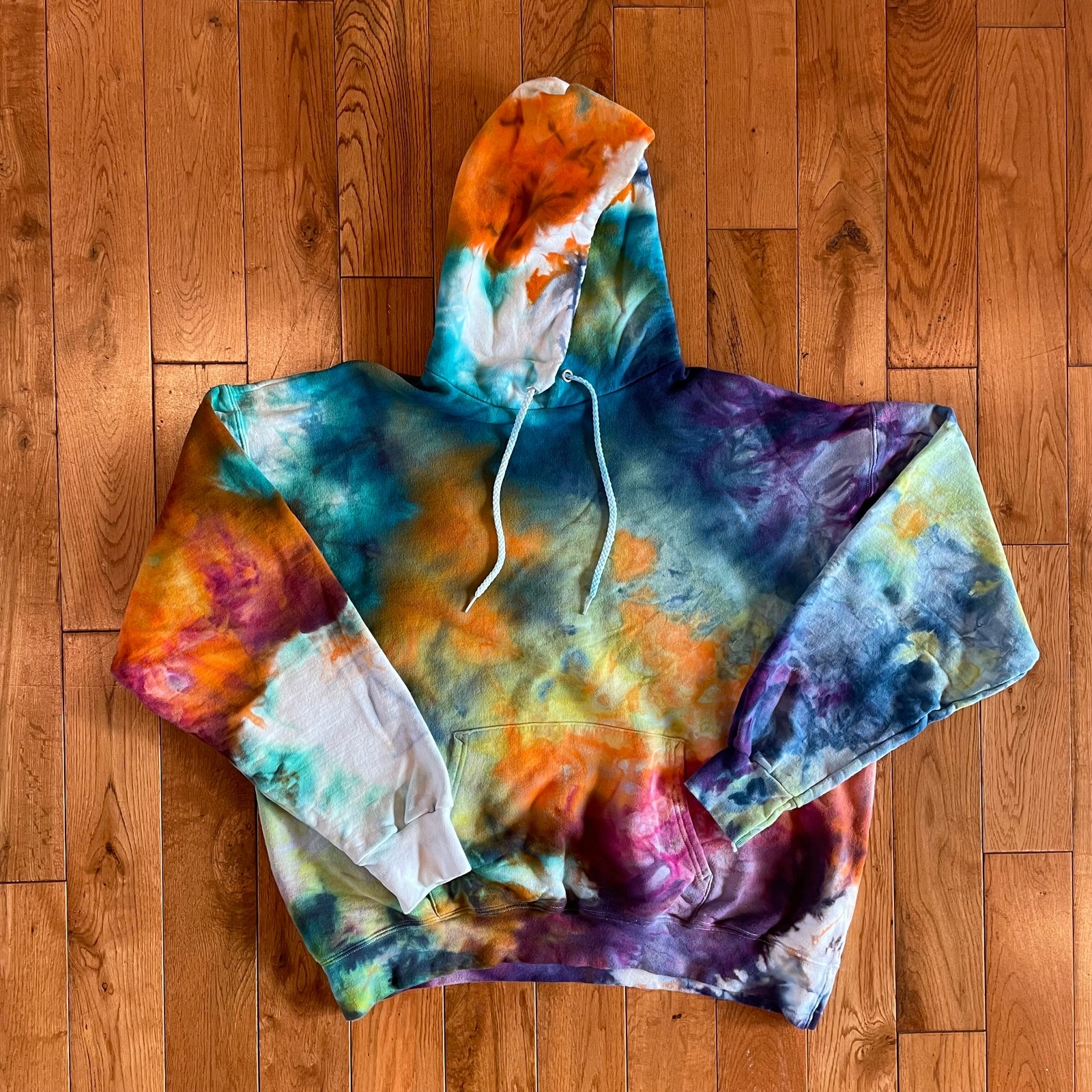 Ice Dyed Hoodie Tie Dye Hippie - Rainbow Watercolor (Men Women Unisex Large)