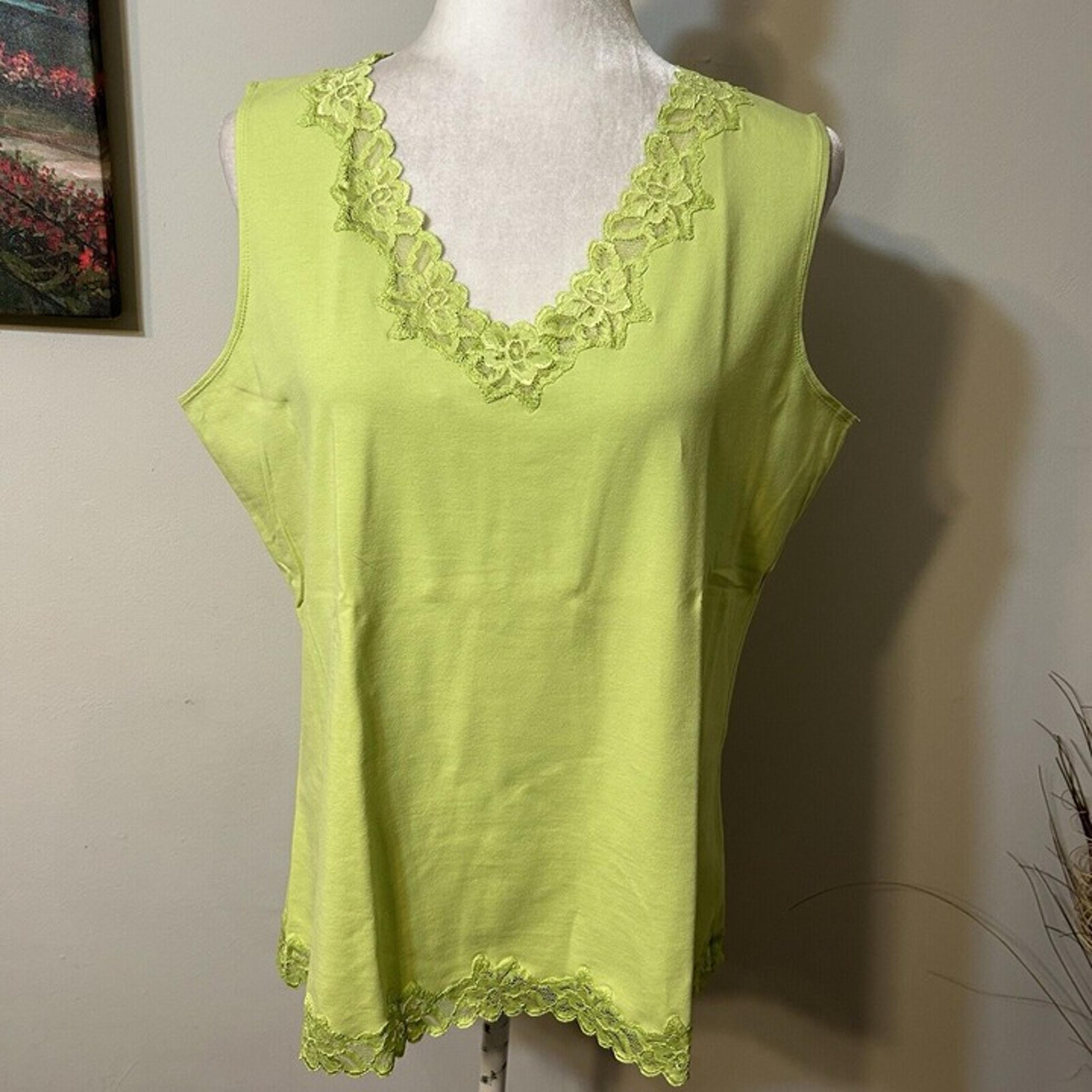 Coldwater Creek Women Lime Green Floral Lace Trim V-Neck Tank Top Sz XL / 16 EUC