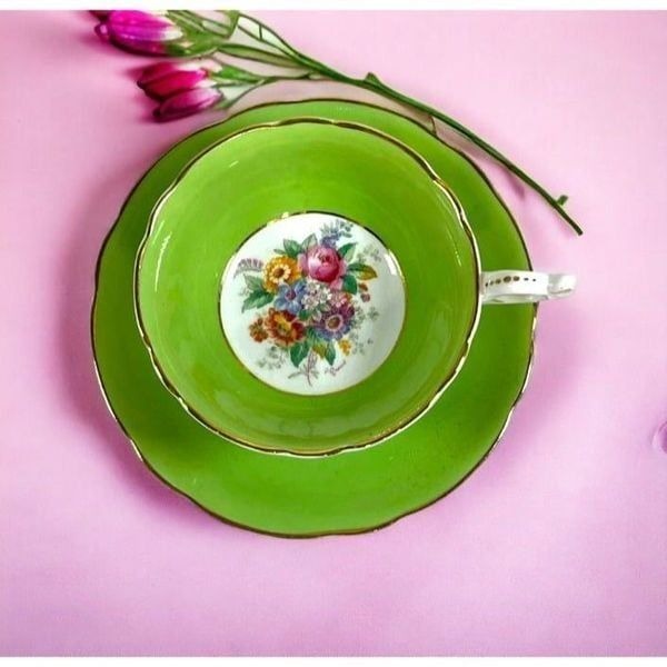 Green footed Coalport Floral teacup and saucer flowers Spring Summer Gold Trim