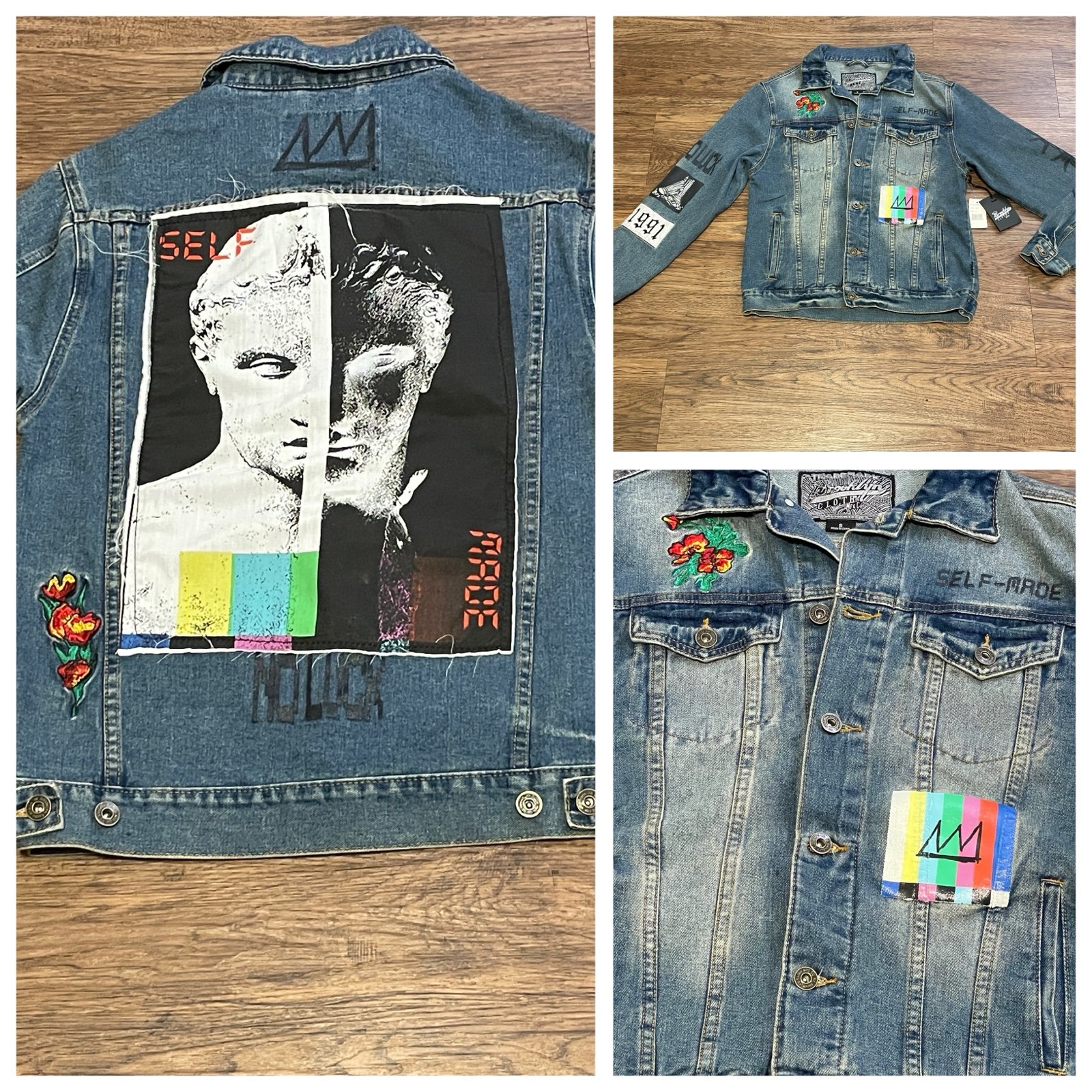 NWT Brooklyn Cloth Artistic Denim Jacket with Colorful Patches Streetwear Size S