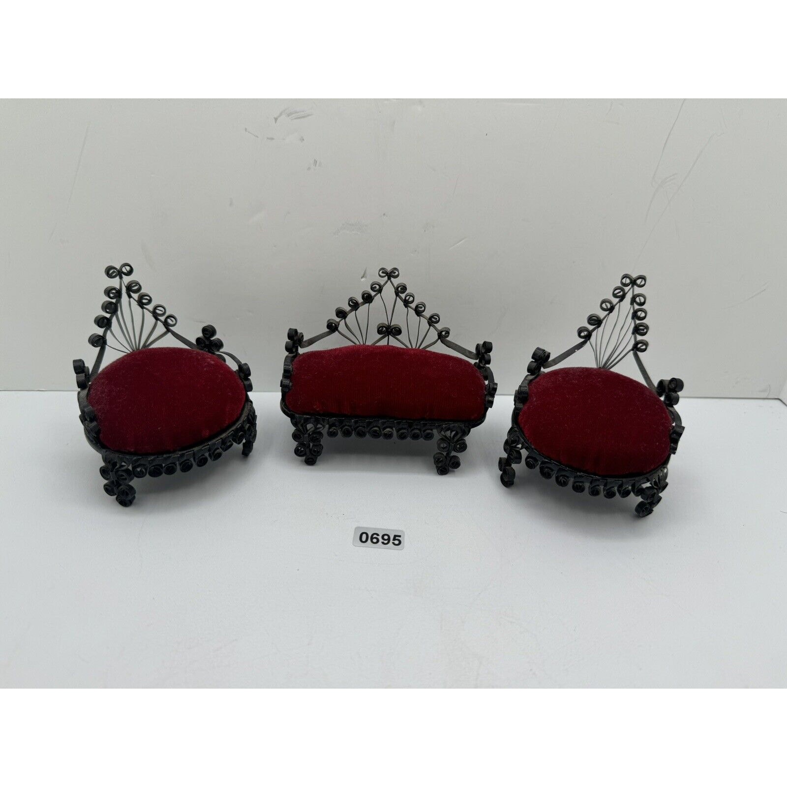 Set Of 3 Vintage Tin Can Scroll Tramp Art Metal Doll House Furniture Red Velvet
