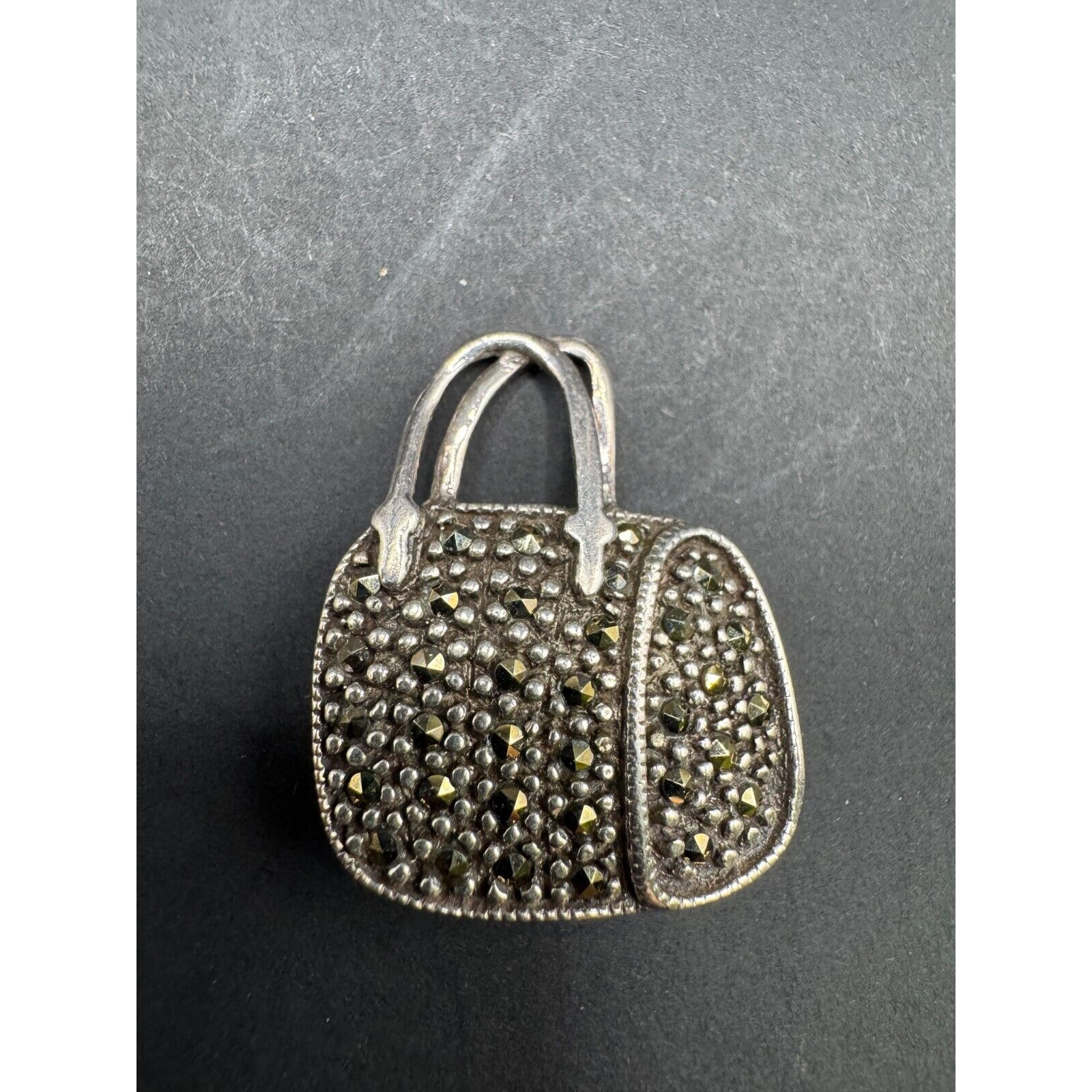 Vintage Sterling Silver 925 Signed SU Marcasite Ladies Handbag Purse Brooch Pin