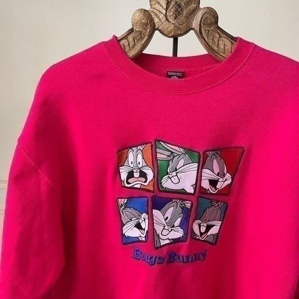 Vintage 90s Warner Bros Embroidered Bugs Bunny Hot Pink Crew Neck Sweatshirt L