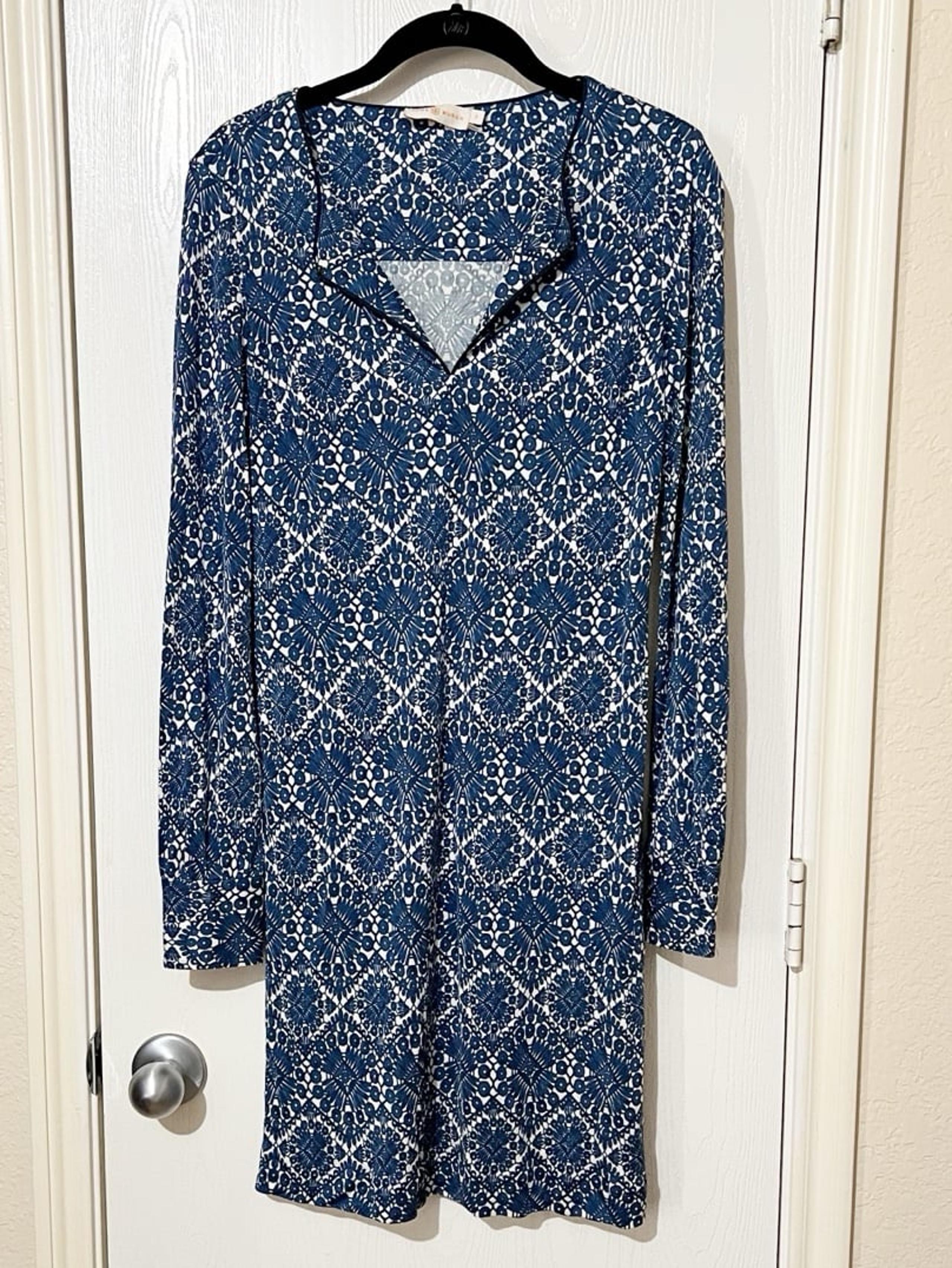 [Tory Burch] Blue & White 100% Silk Long Sleeve Boho Career Dress