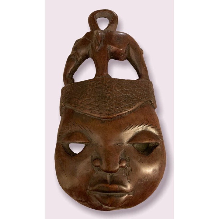 Vintage Punu Maiden Spirit Mask W/ Elephant African Art Tribal Wood Hand Carved
