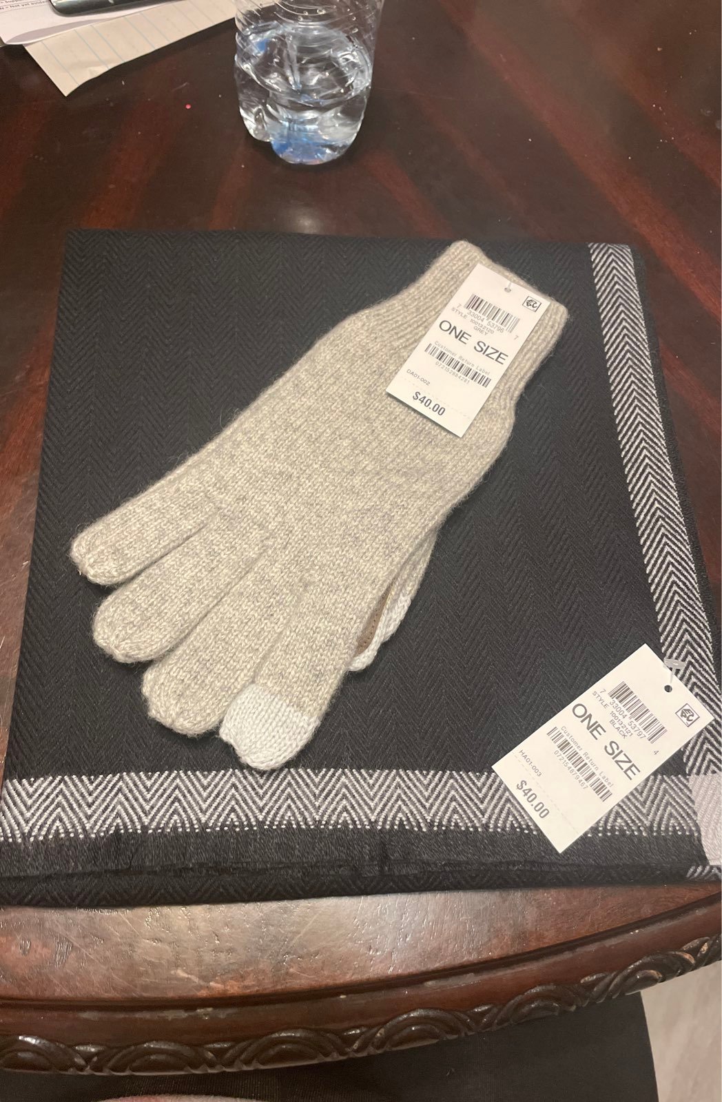 Alfani black herringbone scarf paired with gray gloves