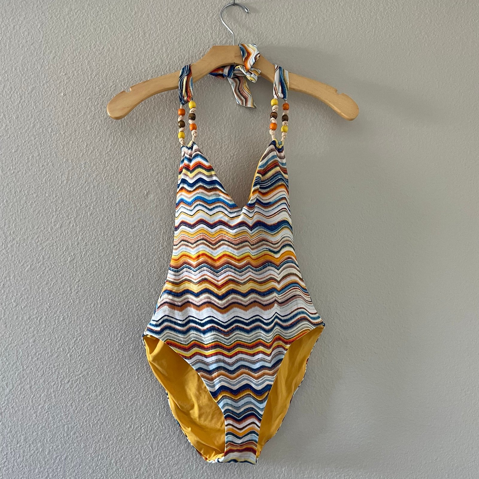 Lucky Brand Wave Print Beaded One Piece Swimsuit Yellow Blue Stripe Size Small