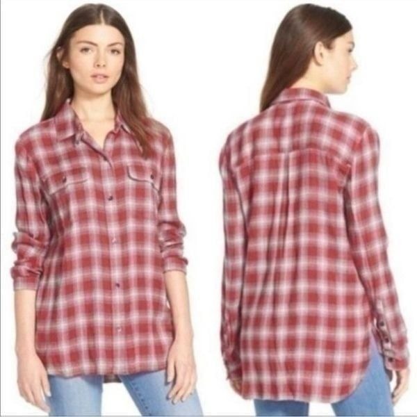 Madewell Red Gray Boyfriend Buffalo Plaid Long Sleeves Button Down Flannel Women