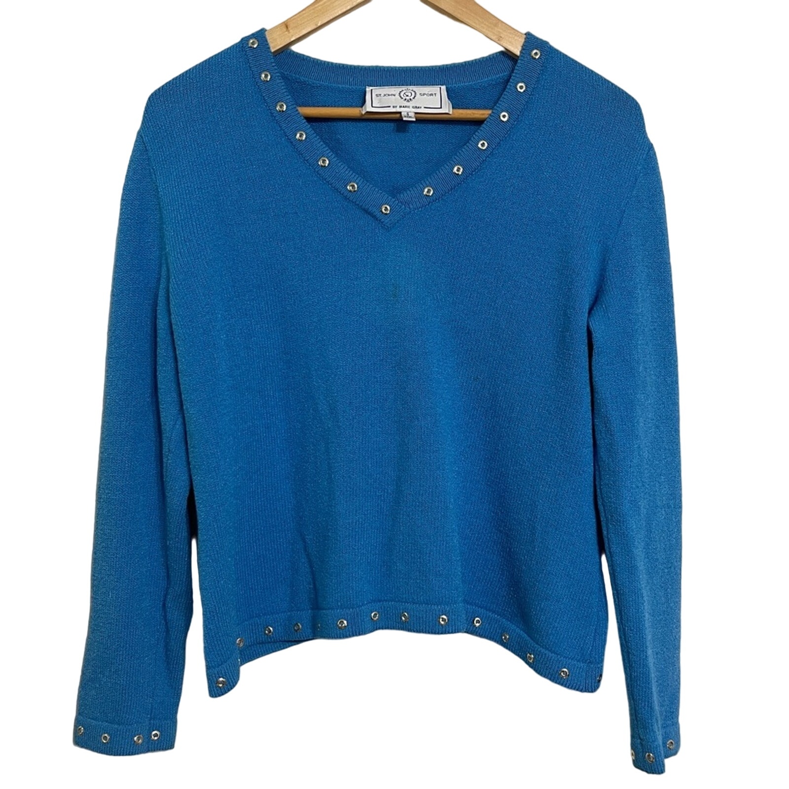 St. John Sport Light Blue Santana Knit V- Neck Sweater Size S