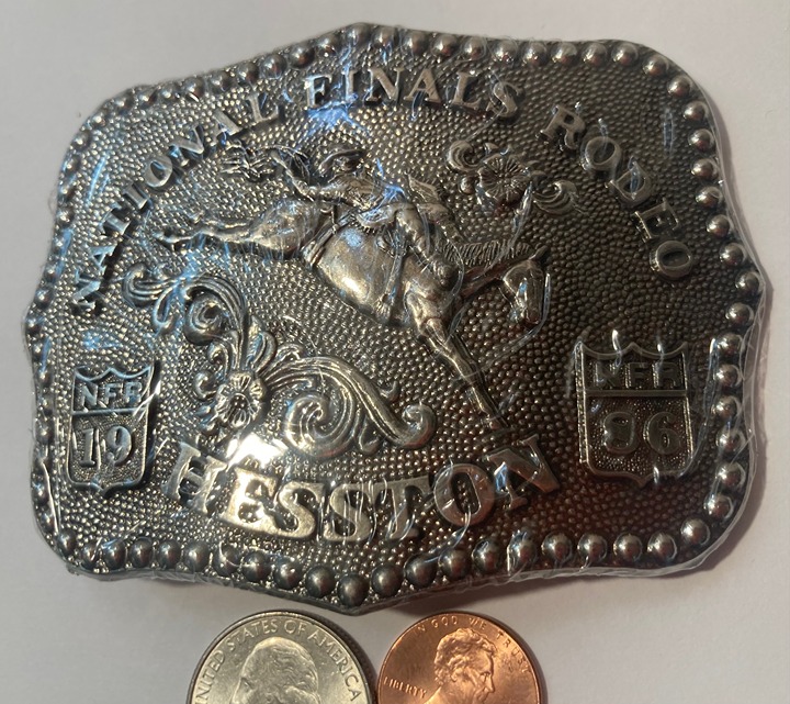 Vintage 1986 Metal Belt Buckle, Hesston, NFR, National Finals Rodeo, Nice West