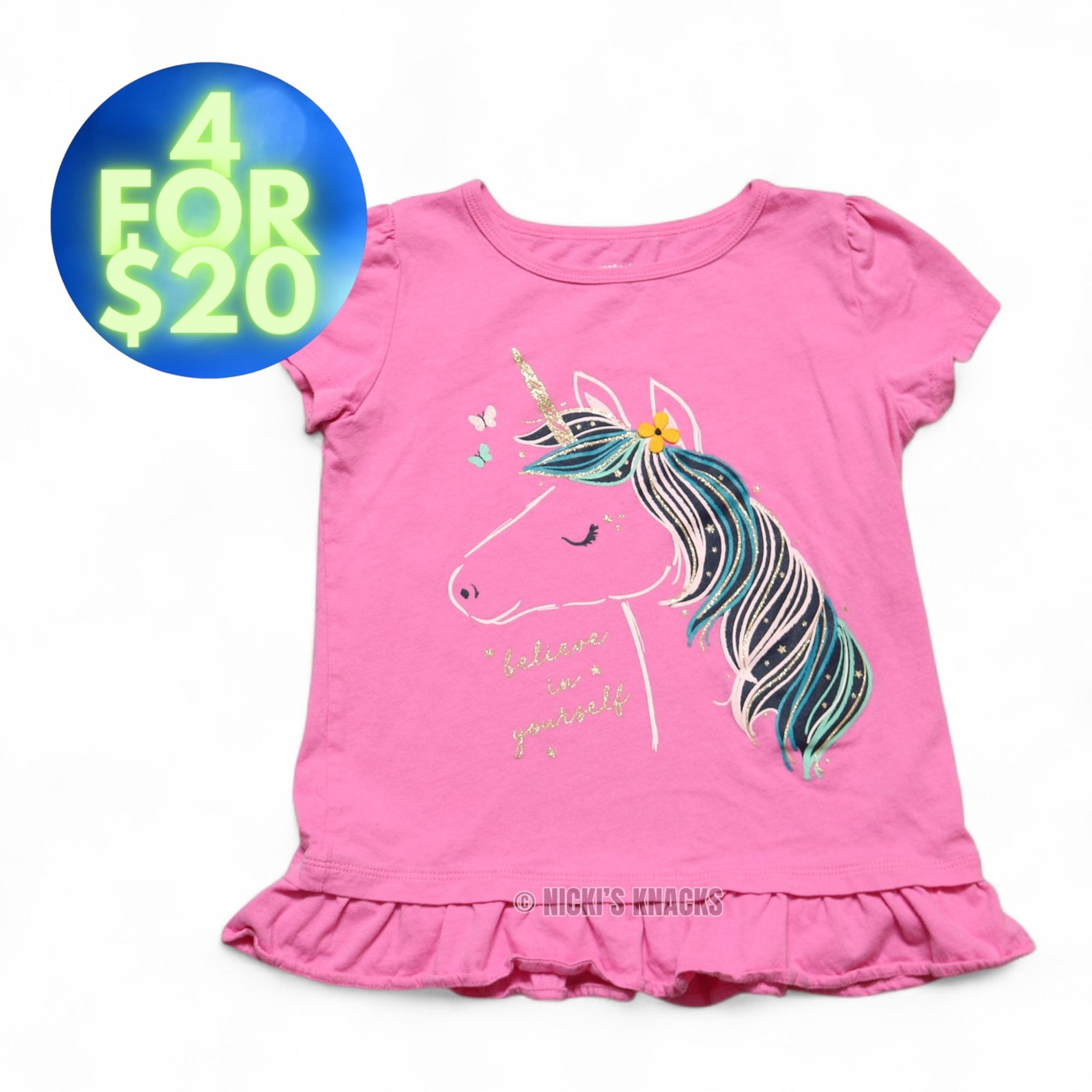 4/$20 - Carters Girls Short Sleeve T-Shirt Pink Unicorn Ruffle Trim Size 8