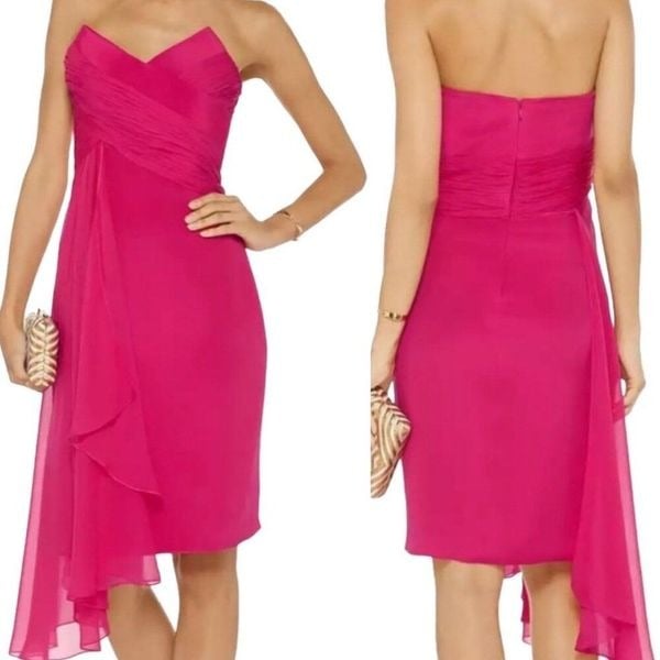 Marchesa Notte Strapless Asymmetrical Silk Chiffon Dress in Fuchsia Pink Size 10