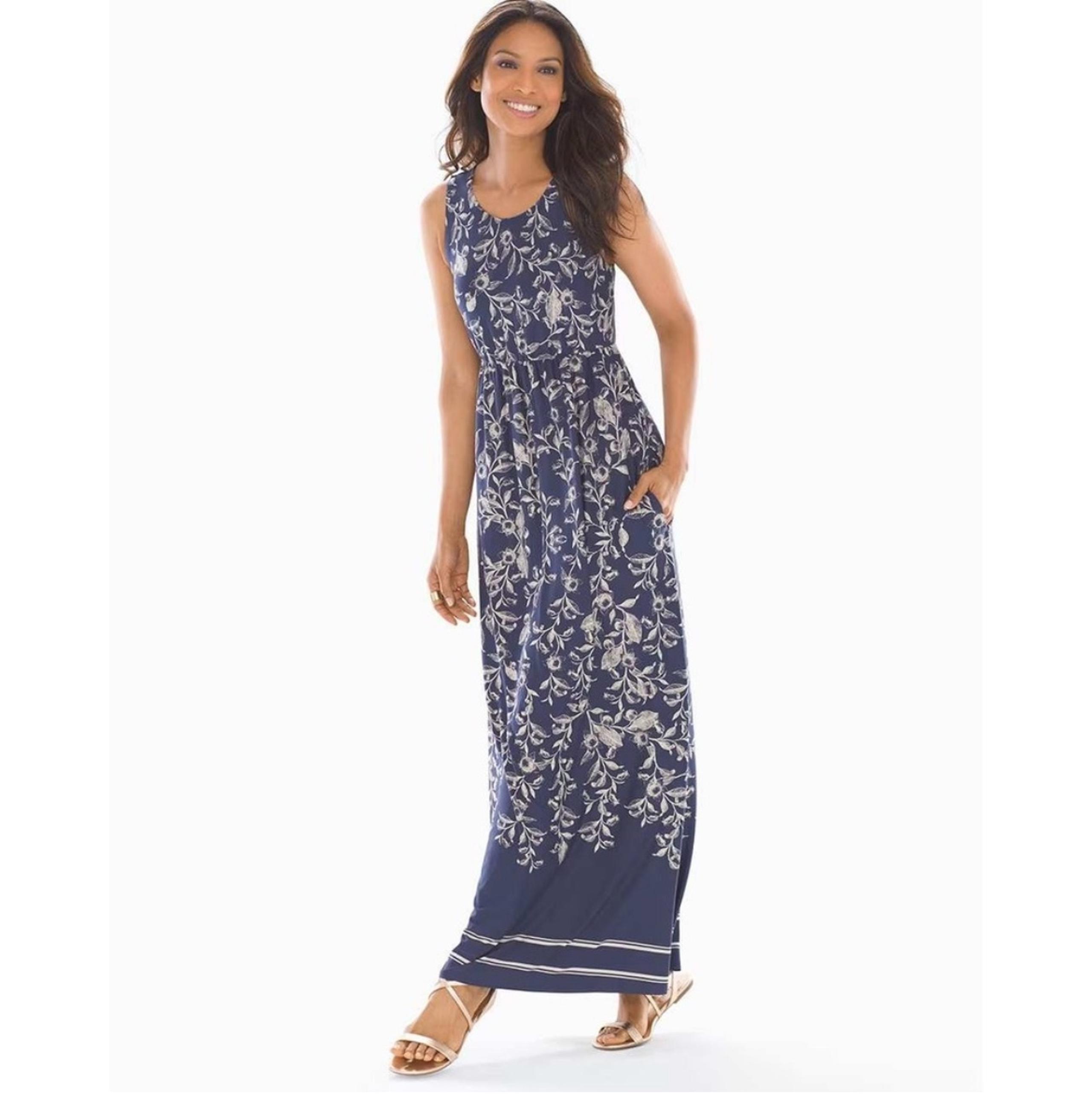 Soma Womens XL Maxi Dress Floral Navy Blue Sleeveless Soft Stretchy High Neck