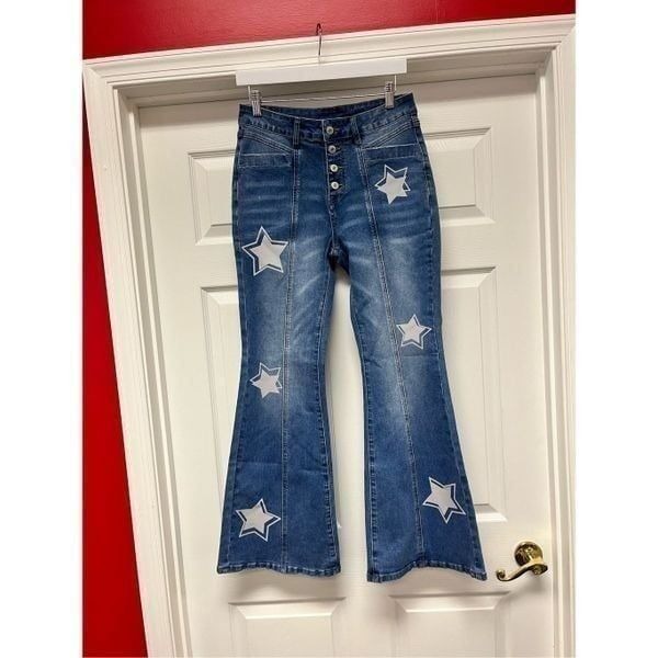 Button Fly High Rise Bootcut Star Print Boho Festival Coachella Jeans sz 10 EUC