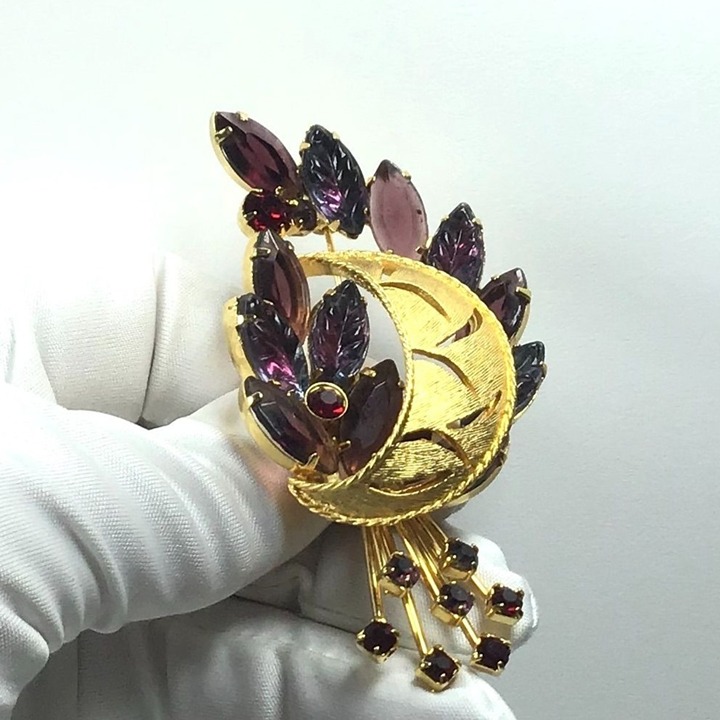 Vintage Purple Red Rhinestone Floral Spray Gold Tone Pin Brooch Judy Lee?