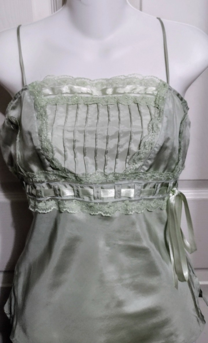 Luxury 100% Silk Pale Green Camisole Lace & Satin Ribbon, Flapper Style Size S