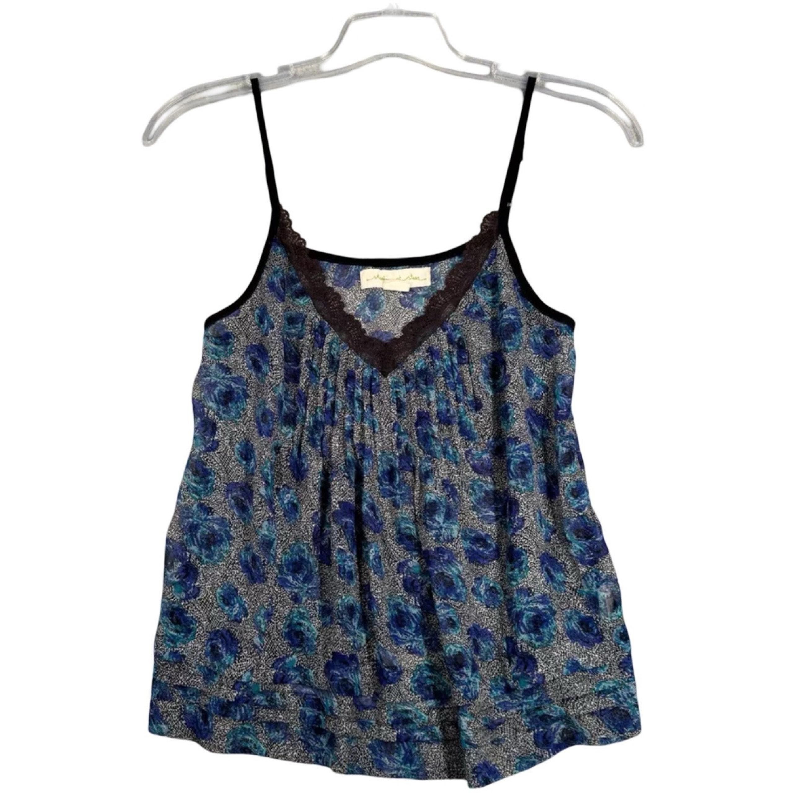 Staring at Stars Shirt Womens Medium Blue Black Floral Flowers Cami Tank Y2K