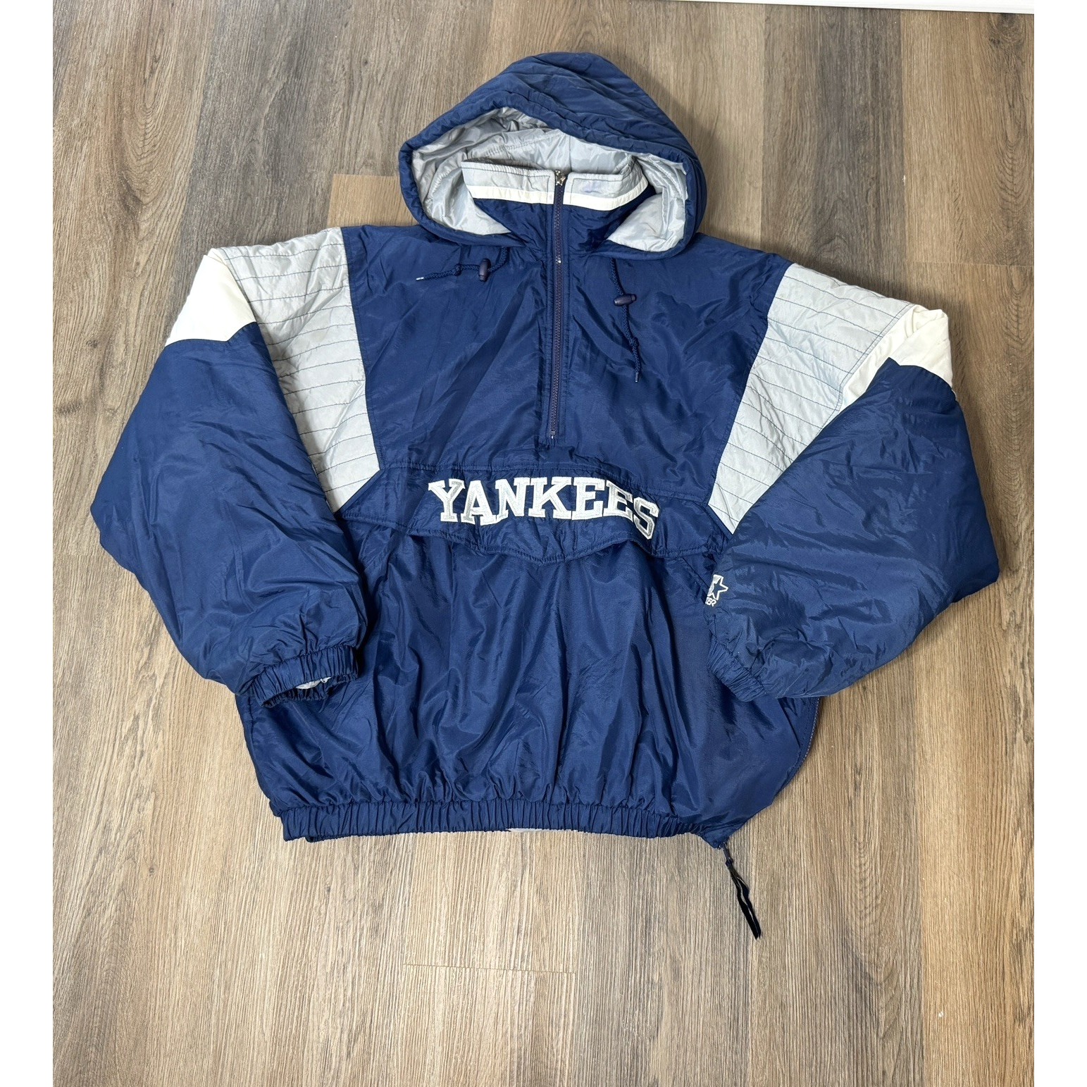 Vintage Starter New York Yankees Hooded Puffer Jacket Front Pouch Size XL