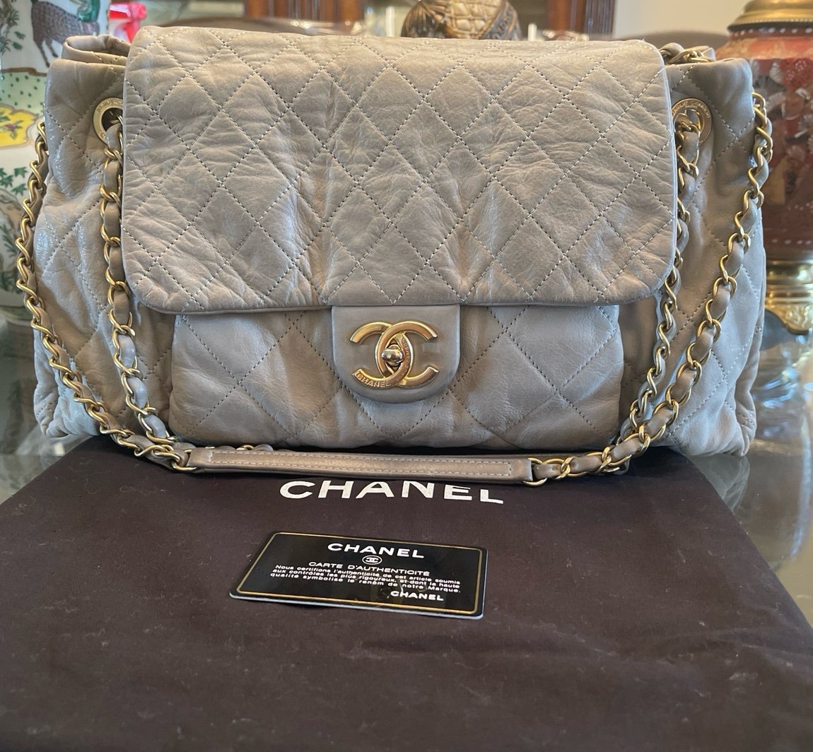Chanel Grey Quilted Iridescent Calfskin Leather Large Accordion Flap Bag