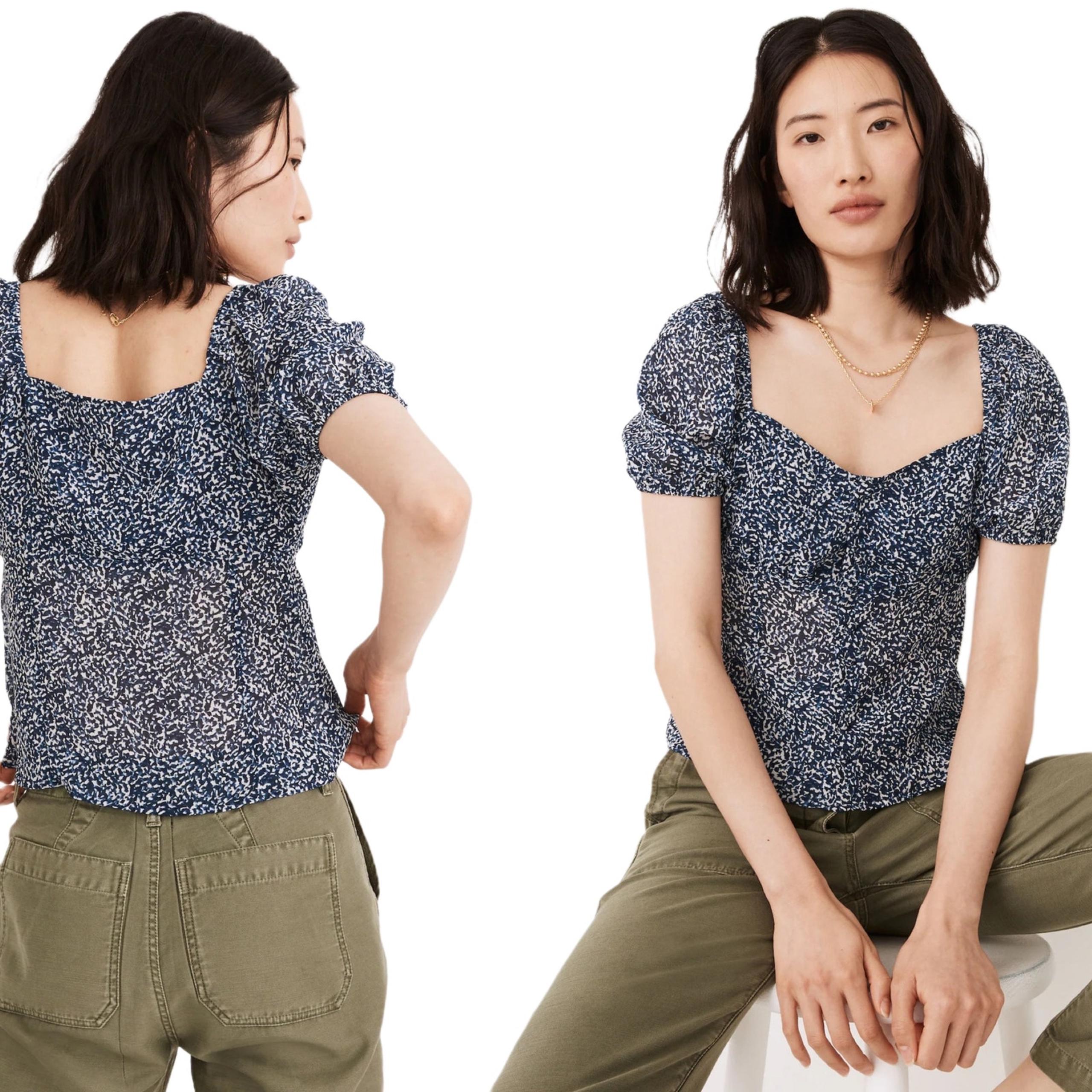 Madewell Blue Indigo Bengali Blockprint Chiffon Sweetheart Lined Blouse Size 2