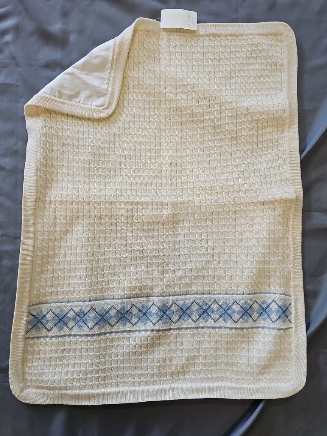 Halston Baby Blanket Vintage Ivory Blue Argyle Wool Knit Lined