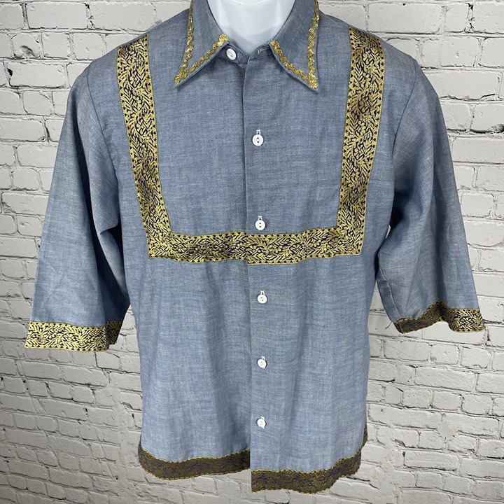 VTG JCPenney Blue Big Mac Gold Accents Button Up Short Sleeve Shirt Size Small S