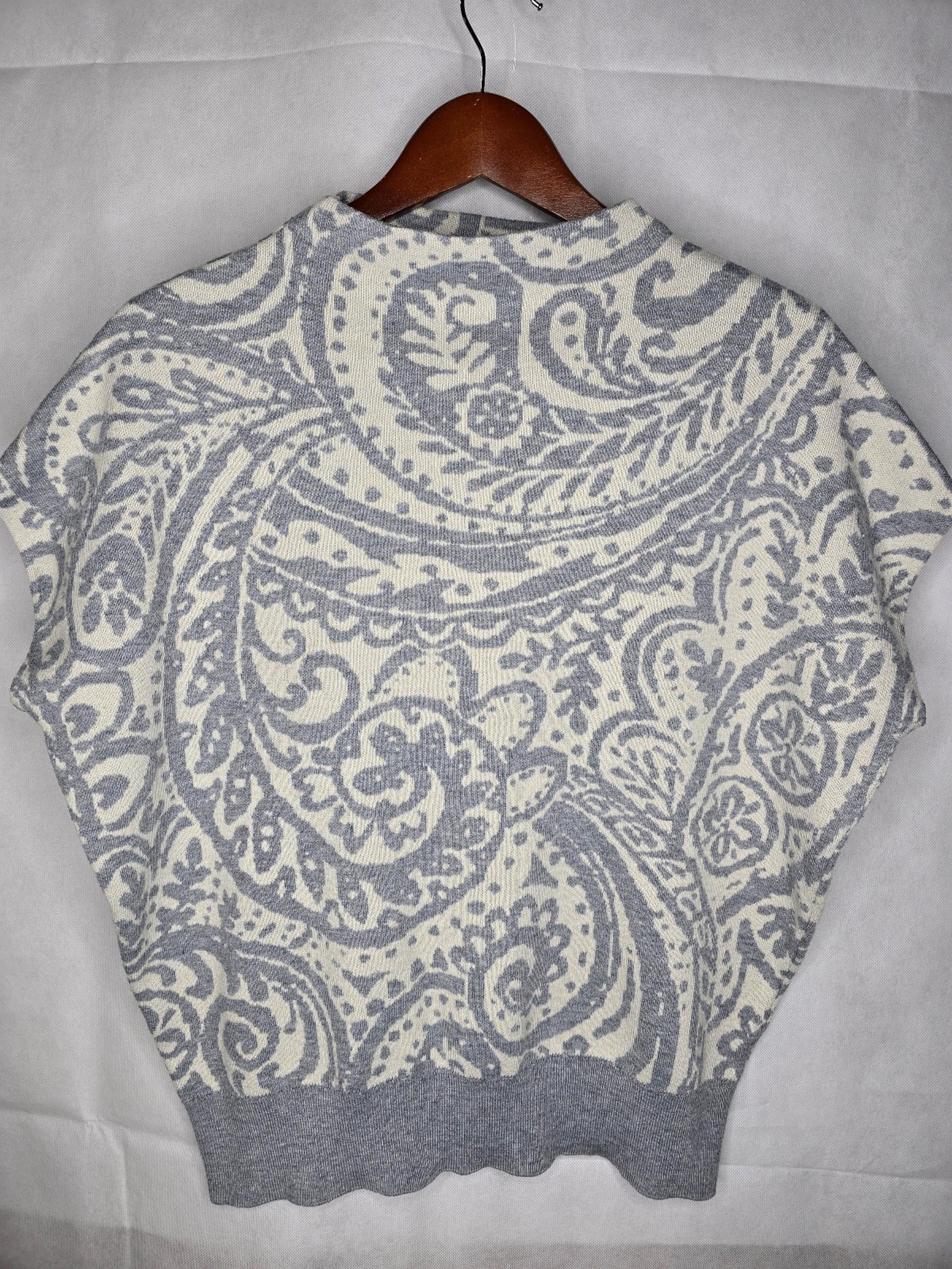 Cynthia Rowley Sweater Ivory Blue Paisley Short Dolman Sleeve Mock Neck M