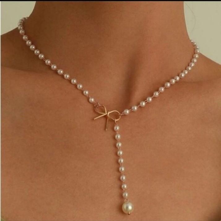 Anthropologie Gold Bow Pearl Y-Necklace