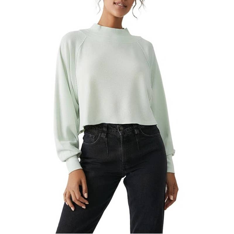 Free People We The Free Fun Times Box Iced Sage Thermal Pullover Top Size L NWT