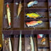 Vintage fishing lures and tackle in a Metal Kenndy tackle box!