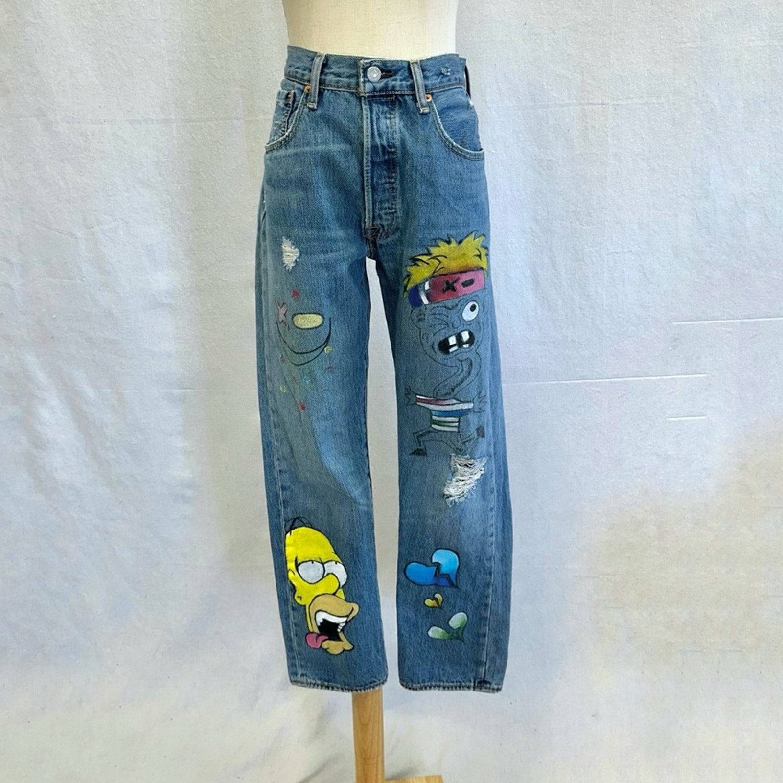 Levi's 501 custom hand painted cartoon graffiti high waist jeans size 32x30