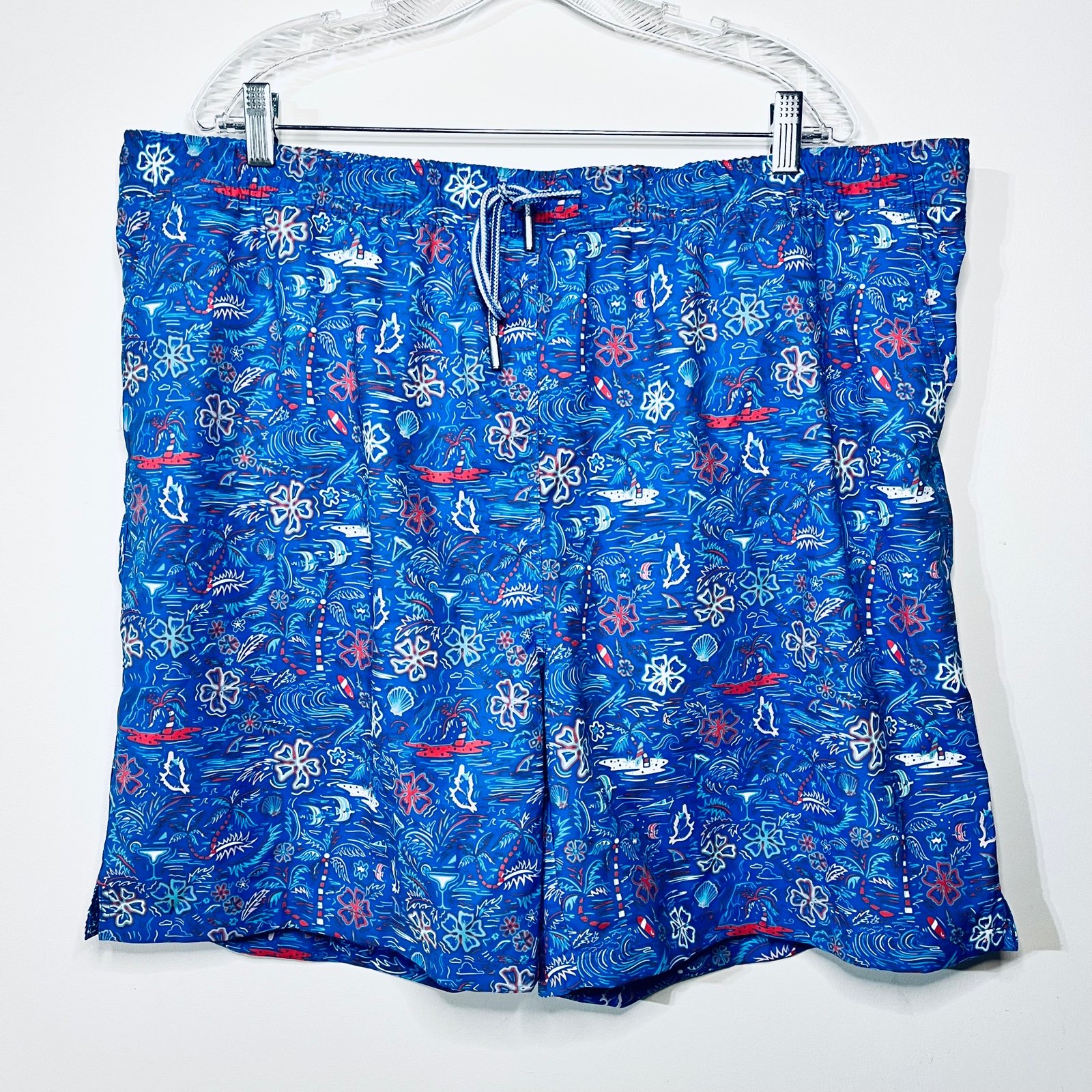 Peter Millar Seaside Swim Trunks Blue Red XXL w/ Coozie