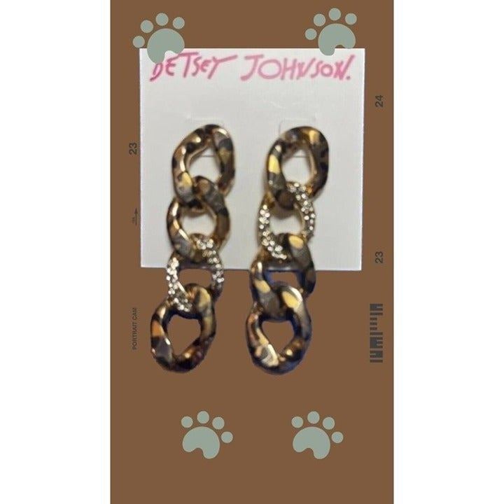 Betsey Johnson Brown Animal Print & Crystal Pave Link Linear Post Earrings