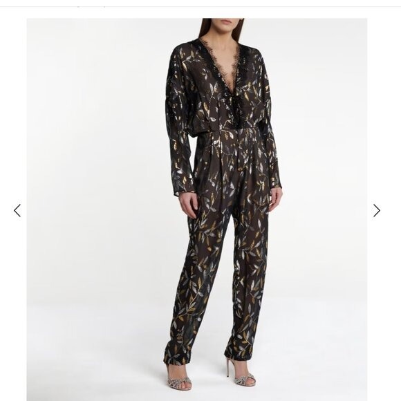 DUNDAS Lace-Trimmed Jacquard Jumpsuit Silk Organza Plunging Neck Size 44 Large