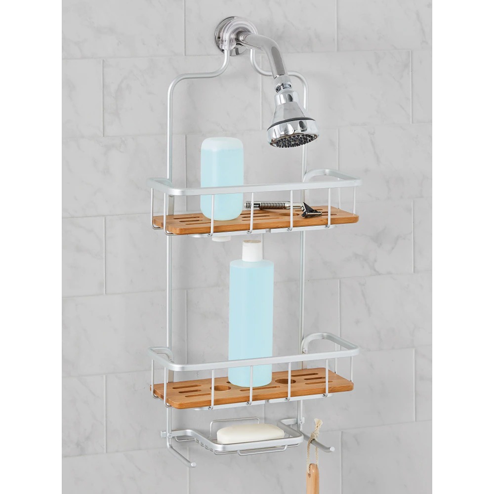 StorageBathroom Organizer Rust Proof Aluminum Shower Caddy With Bamboo Shelves,