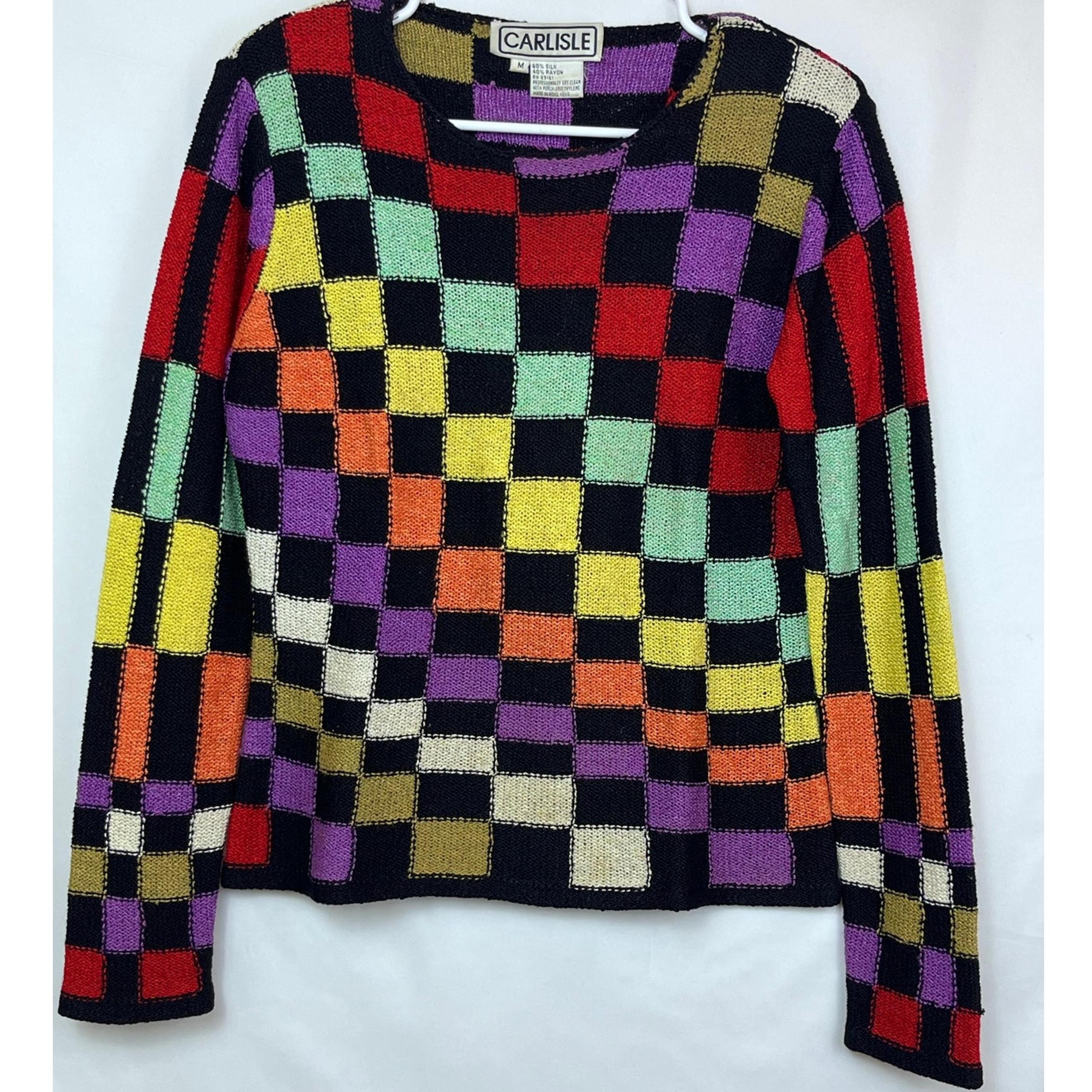 Carlisle Womens Med Multicolored Silk Blend Checkerboard Patchwork 90s Style
