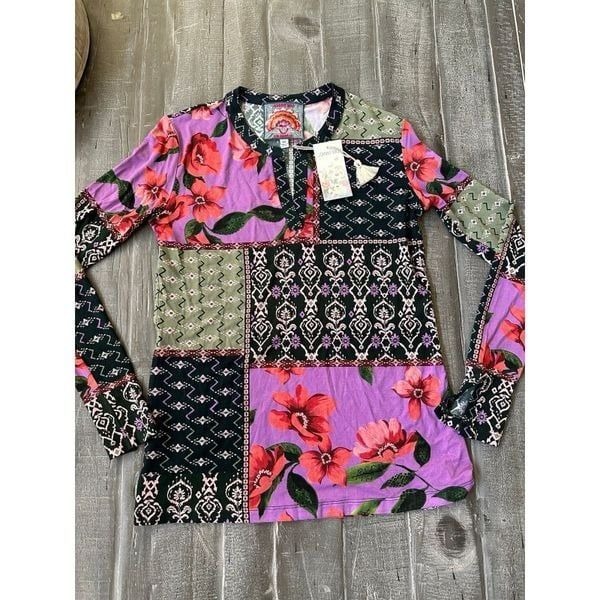 Johnny Was Zanda Split Neck Top Long Sleeve Boho Floral Top XXS