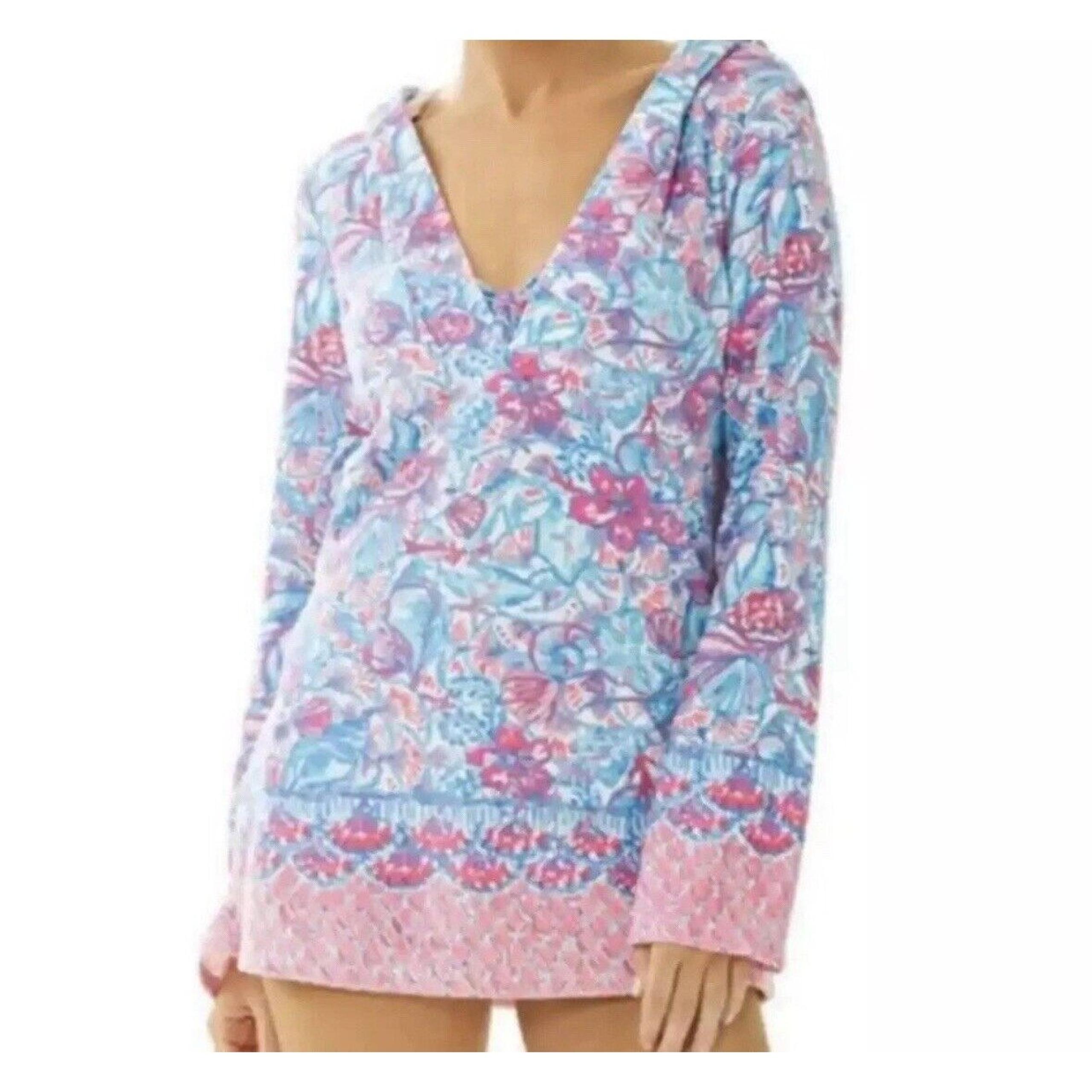 Lilly Pulitzer Women's Sz XS Blue Pink Higgs Hooded Terry Cloth Beach Swim Tunic