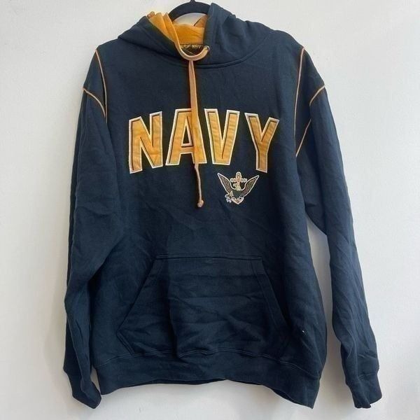 J. America Sportswear Mens Navy Yellow Hoodie Pullover Sweatshirt Size Large