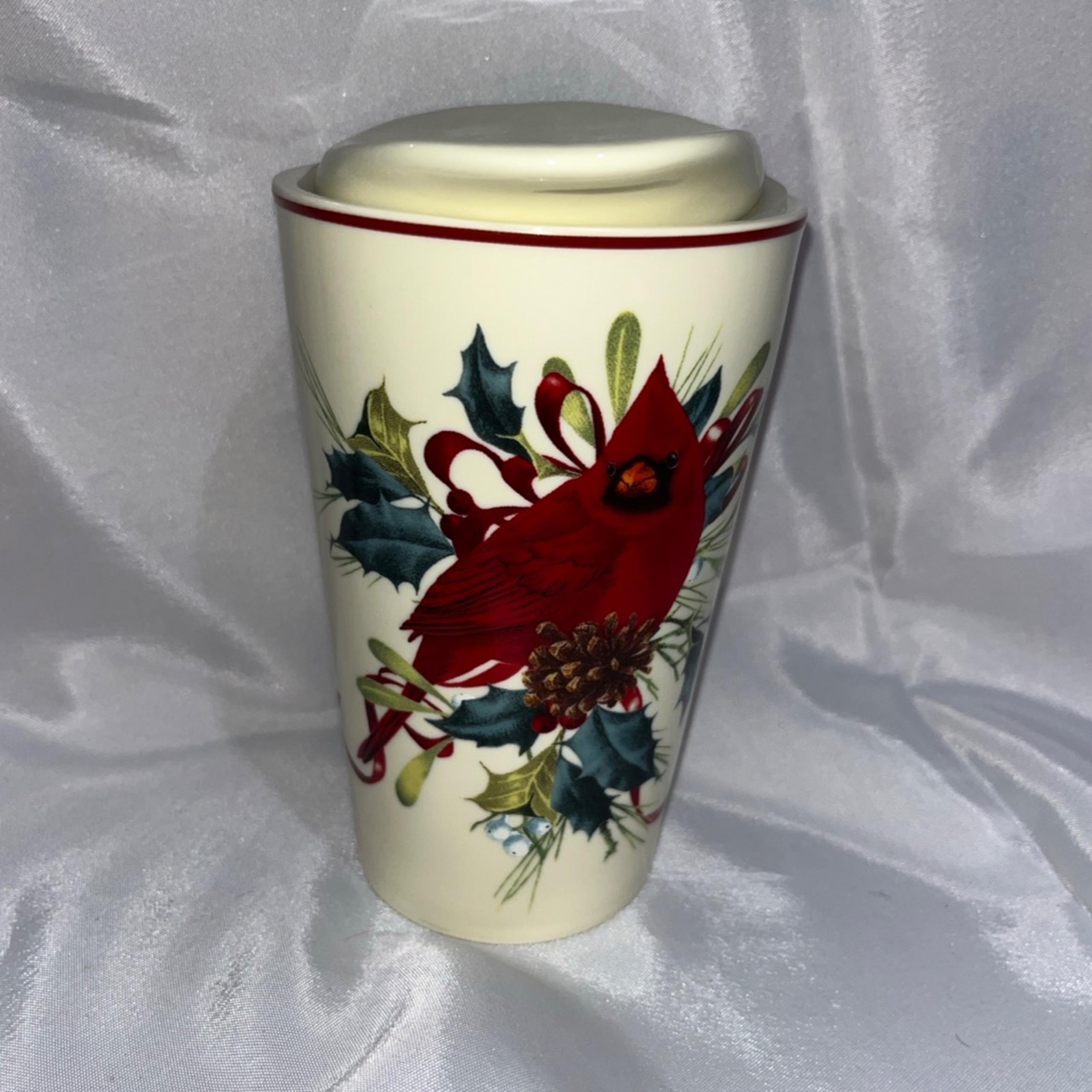 Lenox Christmas Cardinal Ceramic Travel Tumbler Mug w/Lid Winter 12 oz