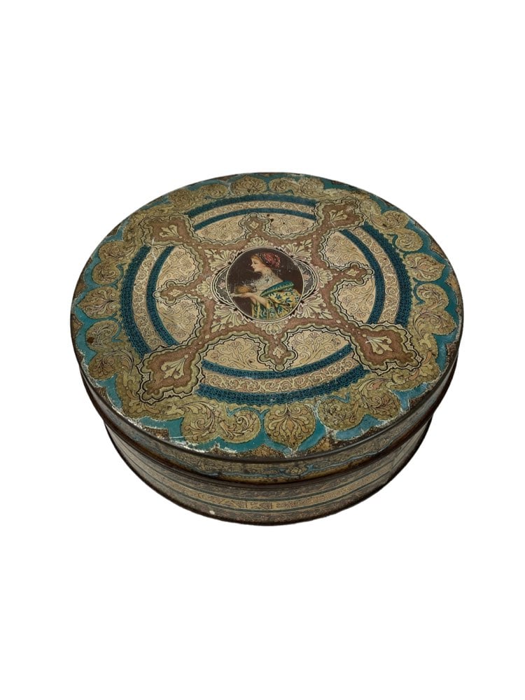 Vintage 1940's Hostess Holiday Fruit Cake Tin Box With Gold And Blue Details